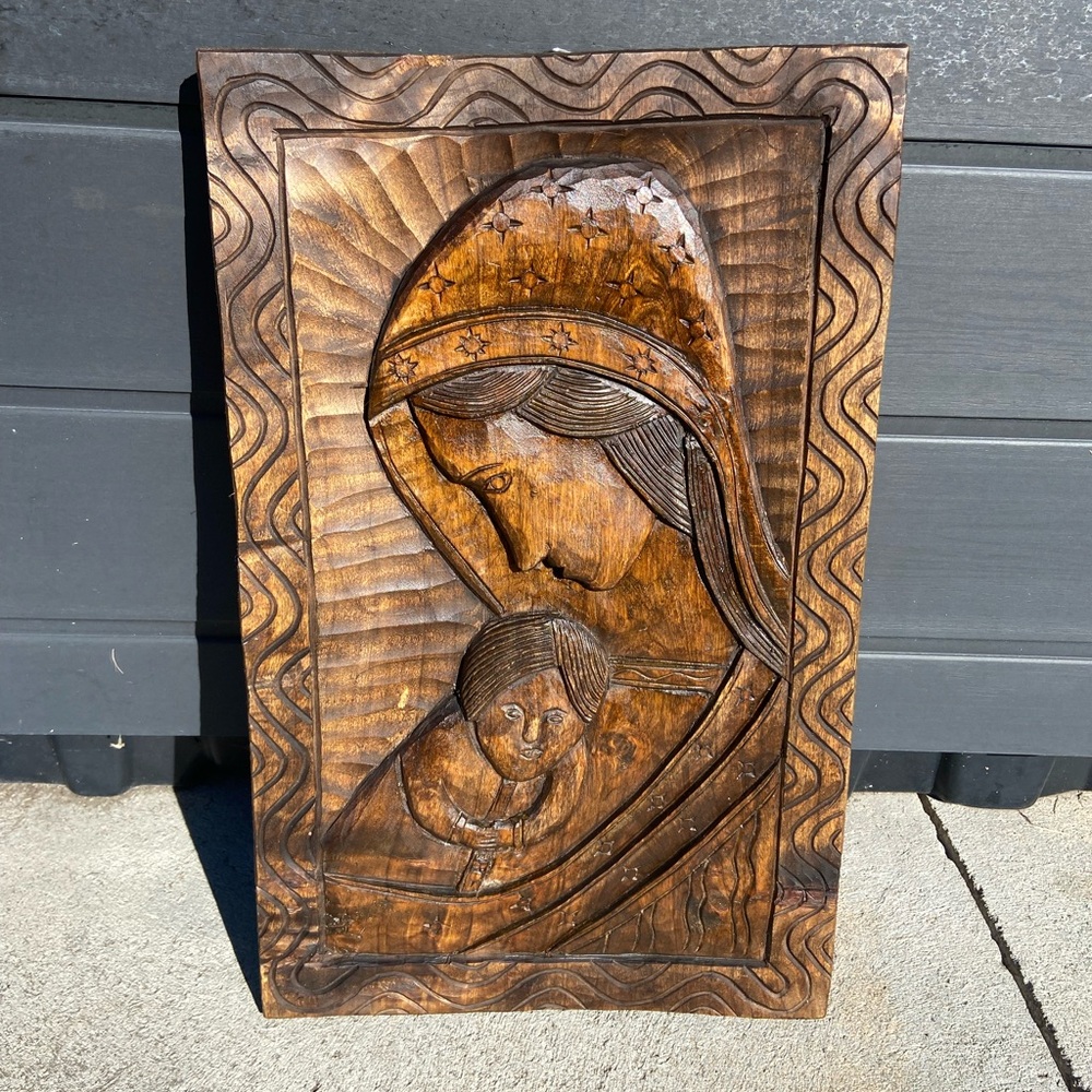 Vintage Virgin Mary Handcrafted Wood Carving  Wall Plaque